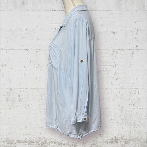 COLLECTION L | Light Blue Collared Button Down 3/4 Sleeve Thin Blouse Size 14 - Picture 2 of 7